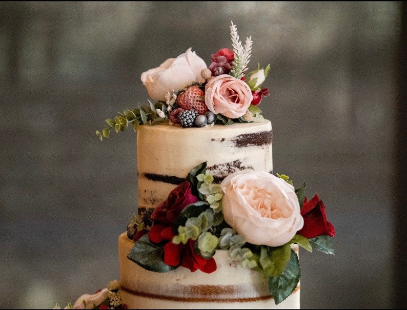 Cascading Wedding Cake Flower Package in Burgundy Navy, Set of Three Floral Wedding Cake Decor, Three Tier Wedding Cake Flowers, Weddings image 1
