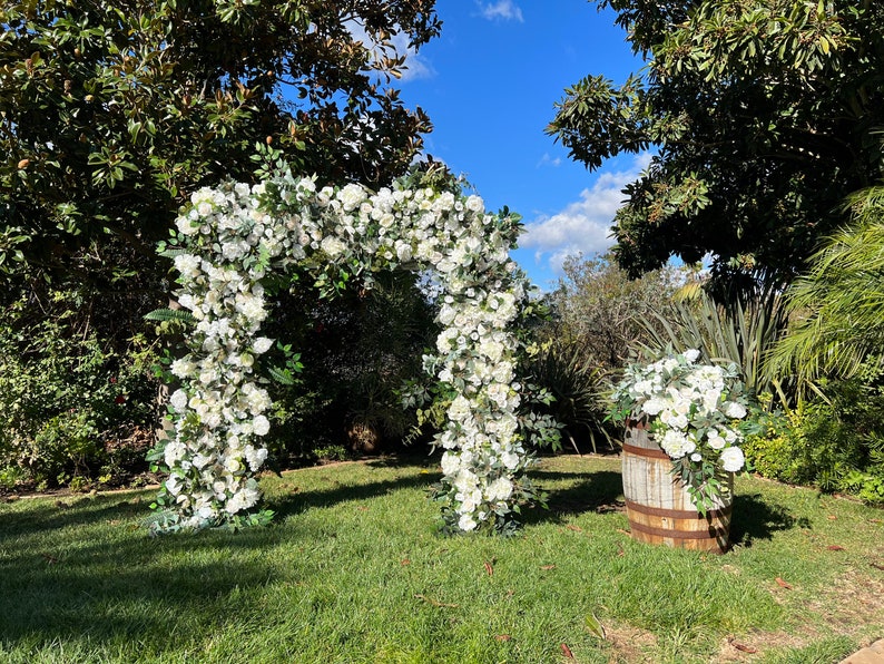 White Ivory Wedding Venue Floral Archway, Lux White Wedding Ceremony Floral Design, Barrel Topper Floral, Elegant Arbor Floral image 8