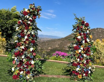 Burgundy Dusty Blue Ivory Gold Wedding Ceremony Flower Package, Pillar Wedding Flowers, Custom Wedding Floral Design, Lux Faux Arbor Flowers