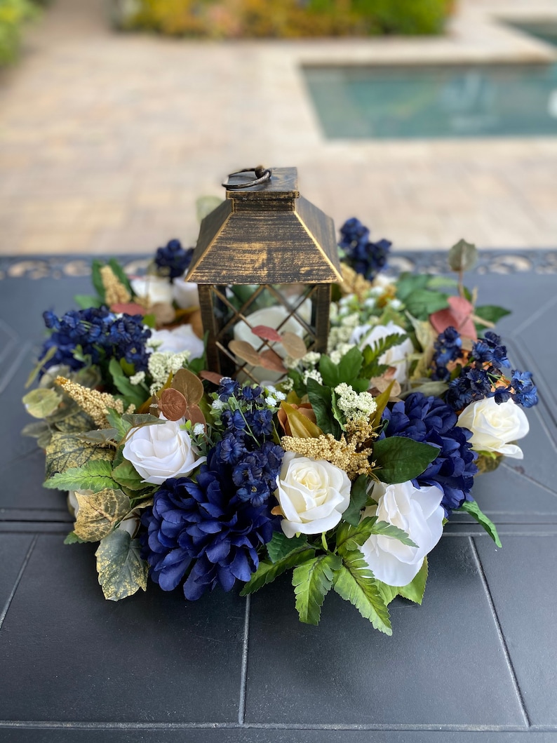 Navy Lantern Centerpiece Weddings Wedding Lantern Centerpiece Wedding Centerpiece Navy Blue Wedding Centerpiece Wedding Lantern Flowers