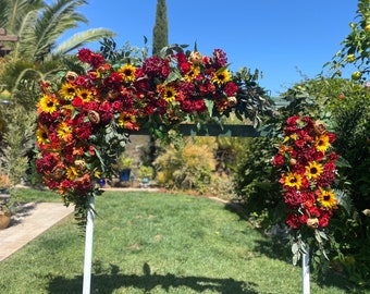 Faux Sunflower Wedding Arch Flowers, Burgundy Wedding Arbor Flowers, Artificial Ceremony Swag, Rustic Barn Sunflower Arrangements,Lux Floral