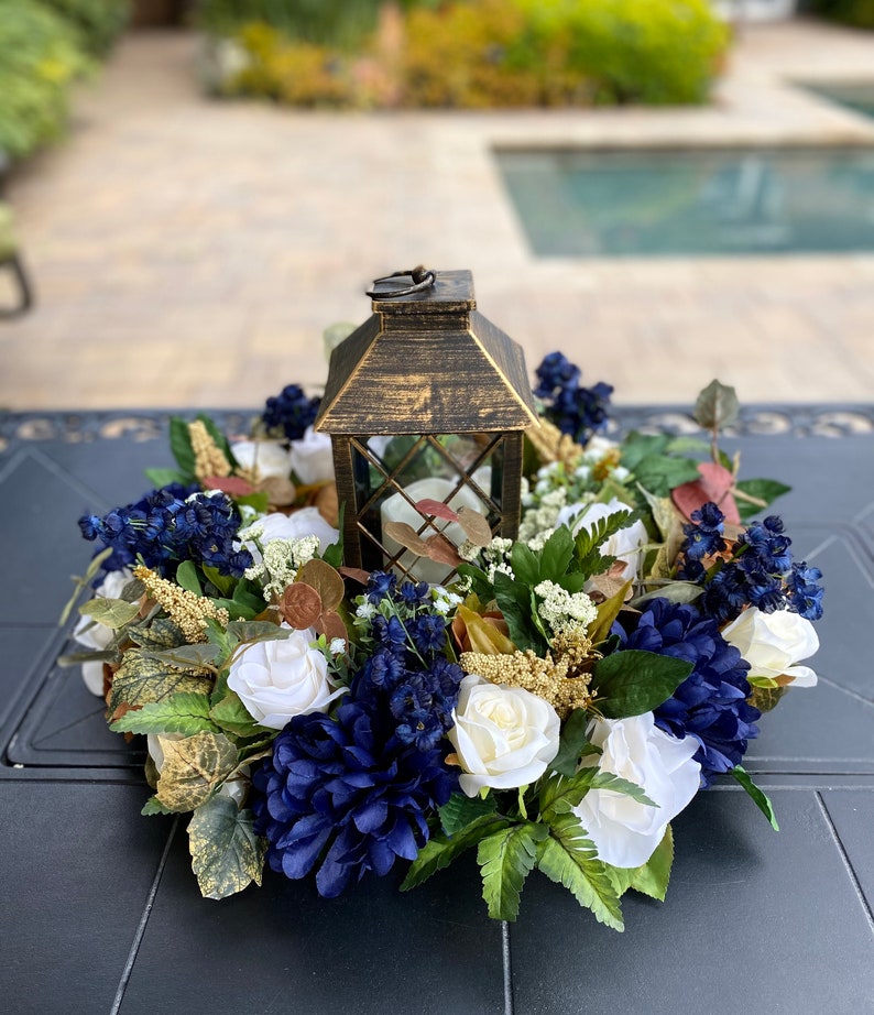 Navy Lantern Centerpiece Weddings Wedding Lantern Centerpiece Wedding Centerpiece Navy Blue Wedding Centerpiece Wedding Lantern Flowers