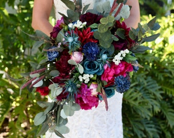 Jewel Tone Peony Wedding Bouquets, Custom Purple Red Blue Bridal Flowers, Bouts, Custom Bridesmaid Bouquet, Boho Jewel Tone Bridal Bouquets