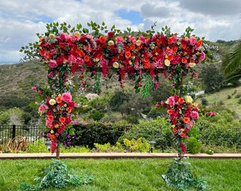 Boho Hot Pink Orange Yellow Mehendi Sangeet Haldi Wedding Ceremony Archway Flowers, Custom Flowers, Photo Wall, Multi Color Wedding Archway