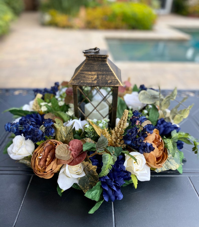 Navy Lantern Centerpiece Weddings Wedding Lantern Centerpiece Wedding Centerpiece Navy Blue Wedding Centerpiece Wedding Lantern Flowers