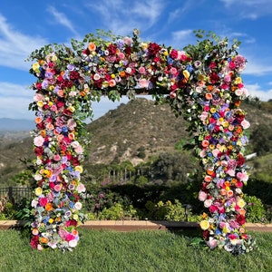 Whimsical Boho Rainbow Wedding Arch Flowers, Custom Event Flowers, Photo Wall Floral, Multi Color Wedding Archway, Party Decor Arrangements image 1