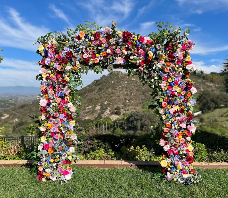 Whimsical Boho Rainbow Wedding Arch Flowers, Custom Event Flowers, Photo Wall Floral, Multi Color Wedding Archway, Party Decor Arrangements image 1