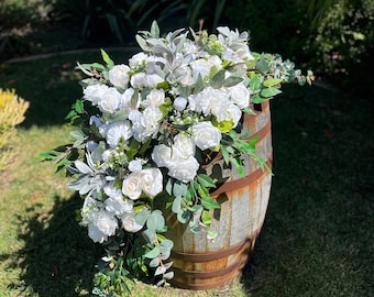 White Ivory Whiskey Barrel Flowers, Bridal Decor, Wedding Day Centerpiece, White Green Wedding Flowers, Boho White Ivory Flower Arrangements