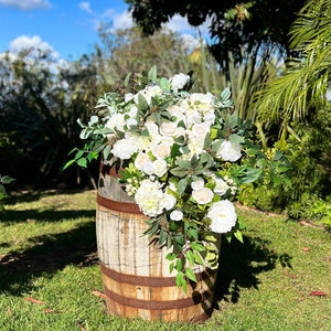 White Ivory Wedding Venue Floral Archway, Lux White Wedding Ceremony Floral Design, Barrel Topper Floral, Elegant Arbor Floral Barrel Topper