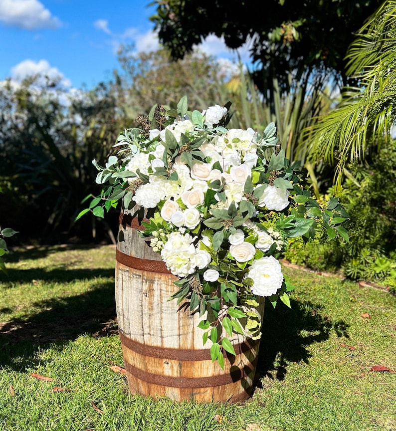 White Ivory Wedding Venue Floral Archway, Lux White Wedding Ceremony Floral Design, Barrel Topper Floral, Elegant Arbor Floral Barrel Topper