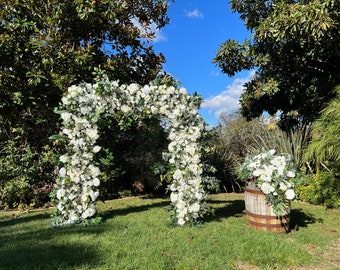 White Ivory Wedding Venue Floral Archway, Lux White Wedding Ceremony Floral Design, Barrel Topper Floral, Elegant Arbor Floral