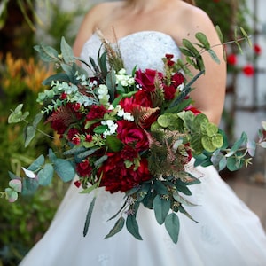 Luxury Burgundy Peony Winter Wedding Bouquet, Luxury Cascading Bouquet, Faux Winter Boho Bouquet, Customized Artificial Wedding Bouquets