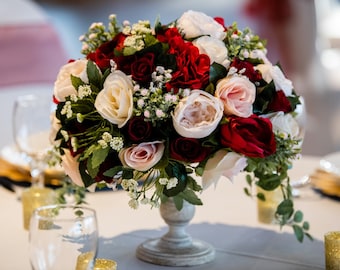 Faux Wedding Reception Centerpieces, Burgundy Blush Ivory Wedding Floral Arrangements, Artificial Customized Color Wedding Floral Designs,