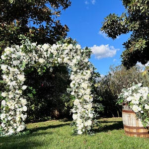 White Ivory Wedding Venue Floral Archway, Lux White Wedding Ceremony Floral Design, Barrel Topper Floral, Elegant Arbor Floral image 3