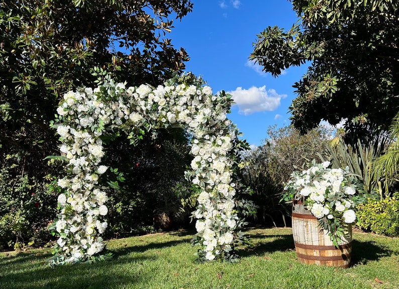 White Ivory Wedding Venue Floral Archway, Lux White Wedding Ceremony Floral Design, Barrel Topper Floral, Elegant Arbor Floral image 3