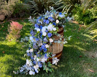 Dusty Blue Ivory Whiskey Barrel Flowers, Custom Centerpiece, Wedding Flowers, Sweetheart Centerpiece, Customized Color Flower Arrangements