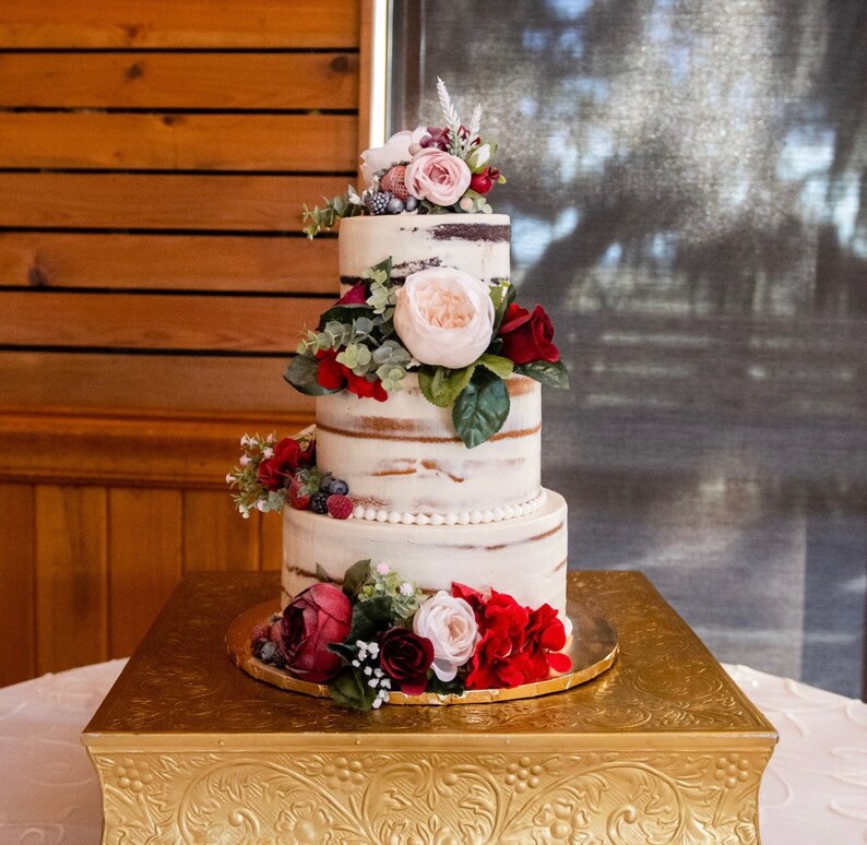 Cascading Wedding Cake Flower Package in Burgundy Navy, Set of Three Floral Wedding Cake Decor, Three Tier Wedding Cake Flowers, Weddings image 2