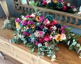 Jewel Tone Sweetheart Flowers, Moody Bridal Table Runner, Boho Mantle Table Flowers, Jewel Wedding Decoration, Wedding Arrangement, Bouquet