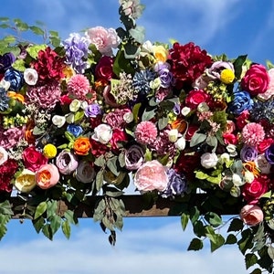 Whimsical Boho Rainbow Wedding Arch Flowers, Custom Event Flowers, Photo Wall Floral, Multi Color Wedding Archway, Party Decor Arrangements image 9