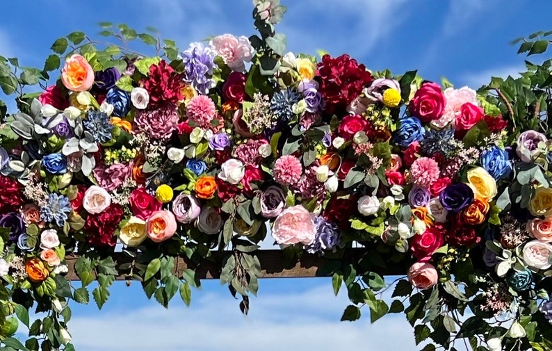 Whimsical Boho Rainbow Wedding Arch Flowers, Custom Event Flowers, Photo Wall Floral, Multi Color Wedding Archway, Party Decor Arrangements image 9