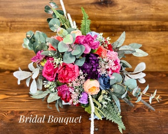 Pastel Rainbow Jewel Tone Boho Wedding Bouquets, Purple Blush Fuchsia Red Blue Orange Bouquets, Bridesmaid, Jewel Tone Bridal Bouquets Bouts