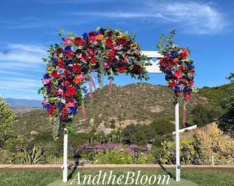 Jewel Tone Weddings, Wedding Arch Flowers, Wedding Decoration, Floral Arrangement, Red Purple Party Decor, Arbor, Arch, Chuppah,  Photo Wall