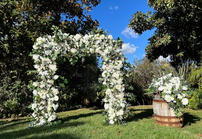 White Ivory Wedding Venue Floral Archway, Lux White Wedding Ceremony Floral Design, Barrel Topper Floral, Elegant Arbor Floral image 5