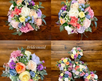 Whimsical Pastel Rainbow Wedding Bouquet Package, Rainbow Wedding Bouquets, Traditional Round Bouquet, Custom Color Bouquets, Bouts, Corsage