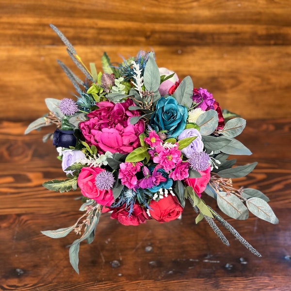 Jewel Tone Peony Wedding Bouquets, Custom Purple Teal Burgundy Bridal Flowers, Bouts, Boho Bridesmaid Bouquet, Customized Wedding Flowers