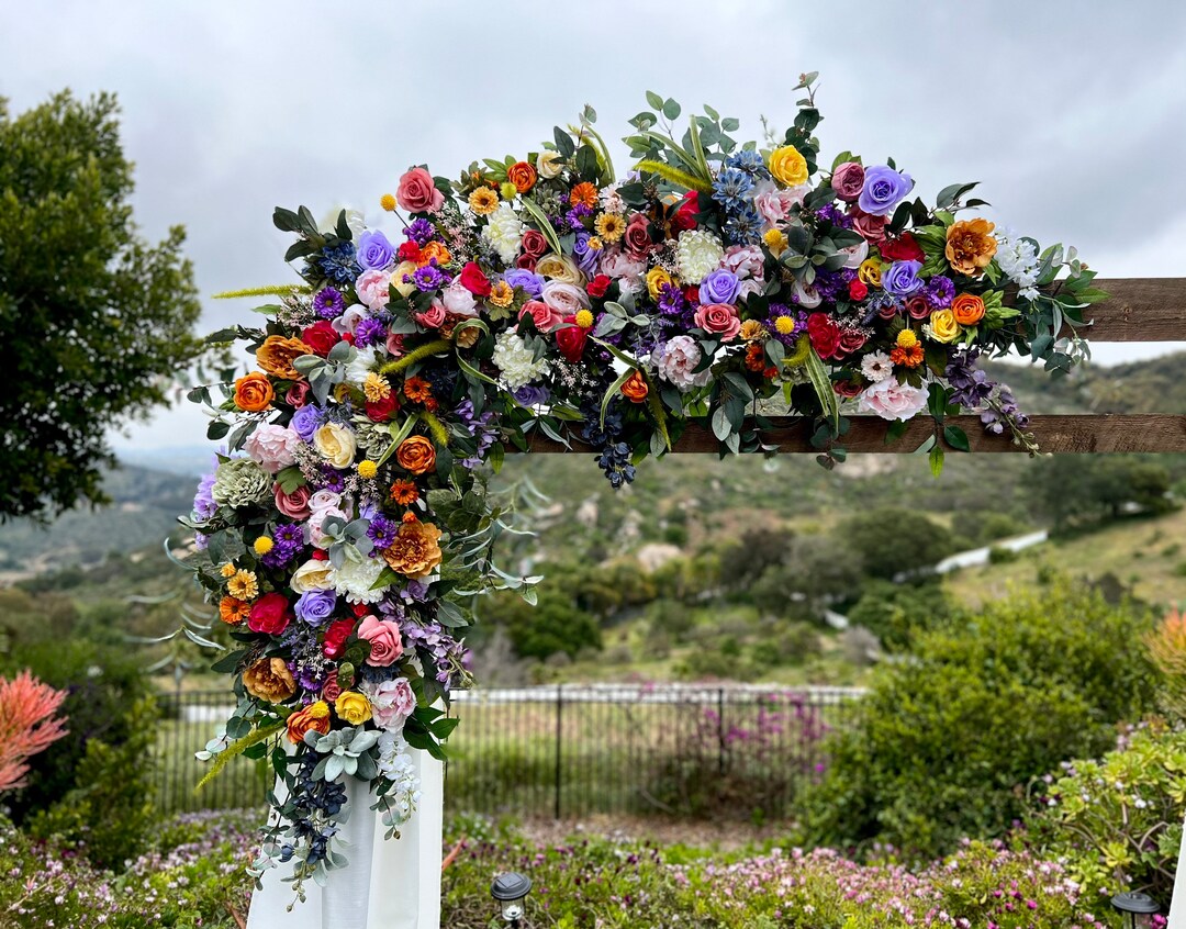 Whimsical Pastel Rainbow Wildflower Wedding Ceremony Arch Flower Arrangement, Custom Arbor