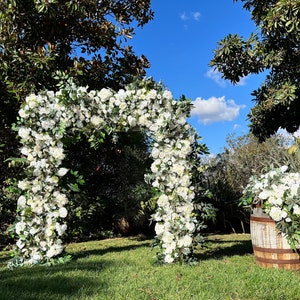 White Ivory Wedding Venue Floral Archway, Lux White Wedding Ceremony Floral Design, Barrel Topper Floral, Elegant Arbor Floral Barrel + Full Arch