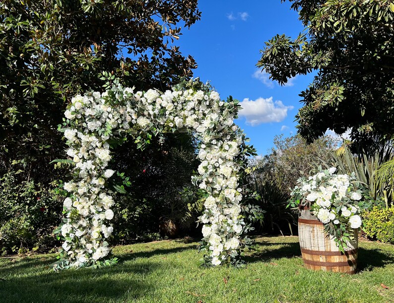 White Ivory Wedding Venue Floral Archway, Lux White Wedding Ceremony Floral Design, Barrel Topper Floral, Elegant Arbor Floral Barrel + Full Arch