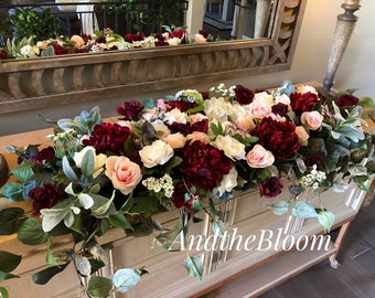 Burgundy Blush Sweetheart Table Flowers, Burgundy Peony Bridal Table Runner, Boho Peony Sweetheart Table Flowers, Wedding Ceremony Archway