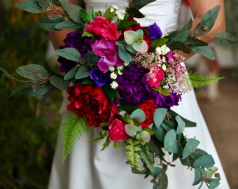 Cascading Jewel Tone Peony Wedding Bouquet, Custom Faux Purple Red Bridal Flowers, Bridesmaid Bouquet, Boho Eucalyptus Jewel Tone Bouquets