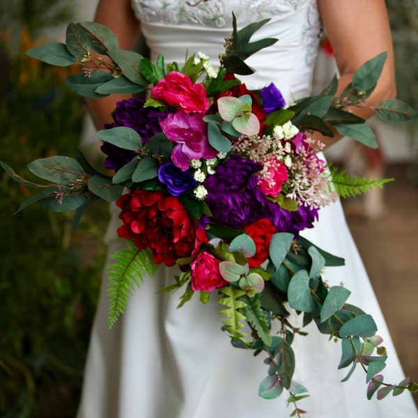 Cascading Jewel Tone Peony Wedding Bouquet, Custom Faux Purple Red Bridal Flowers, Bridesmaid Bouquet, Boho Eucalyptus Jewel Tone Bouquets