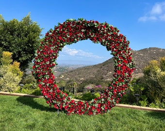 Lux Red Rose Circle Arch Wedding Ceremony Flowers, Event Party Floral Decor, Customized Tuscan Wedding Ceremony Floral, Destination Flowers