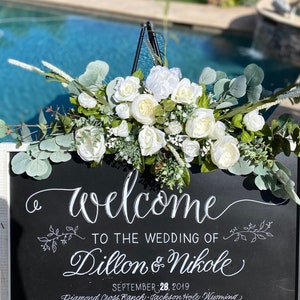 Wedding Sign Flowers, White Wedding Welcome Sign Flowers, Bridal Decor, Ivory White Wedding Flowers, Wedding Sign Swag, Floral Sign Decor