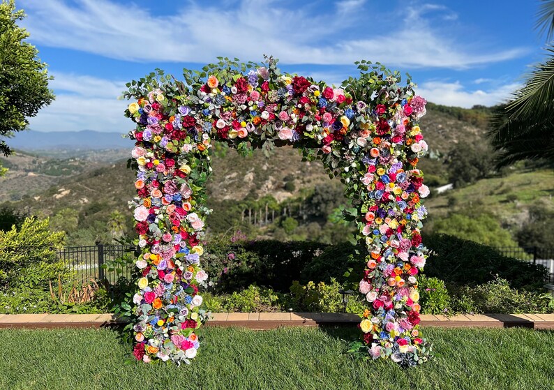 Whimsical Boho Rainbow Wedding Arch Flowers, Custom Event Flowers, Photo Wall Floral, Multi Color Wedding Archway, Party Decor Arrangements image 8