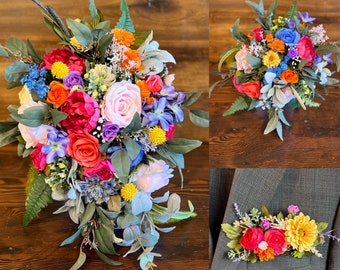 Rainbow Pastel Wedding Ceremony Flower Pkg, Custom Color Weddings, Cascading Bouquet, Bridesmaid Bouquet, Pocket Boutonniere, Wrist Corsage