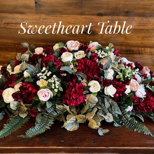 Burgundy Blush Sweetheart Table Flowers, Burgundy Peony Bridal Table Runner, Boho Peony Sweetheart Table Flowers, Faux Wedding Centerpiece