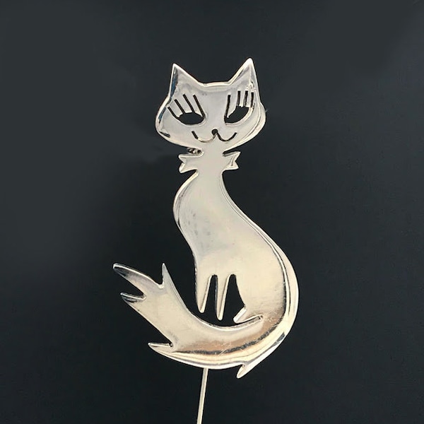 Vintage 925 Sterling Silver KITTY Pin ( brooch ) Made in Mexico  From the 1970's 2 inches in length. 1 1/4 inch Width