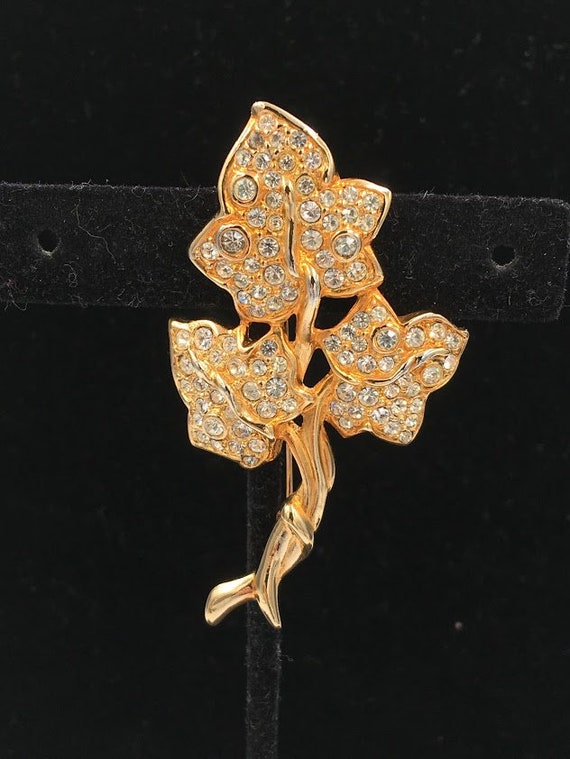 Vintage Swarovski Leaf Pin  .Gold plated , pave s… - image 1