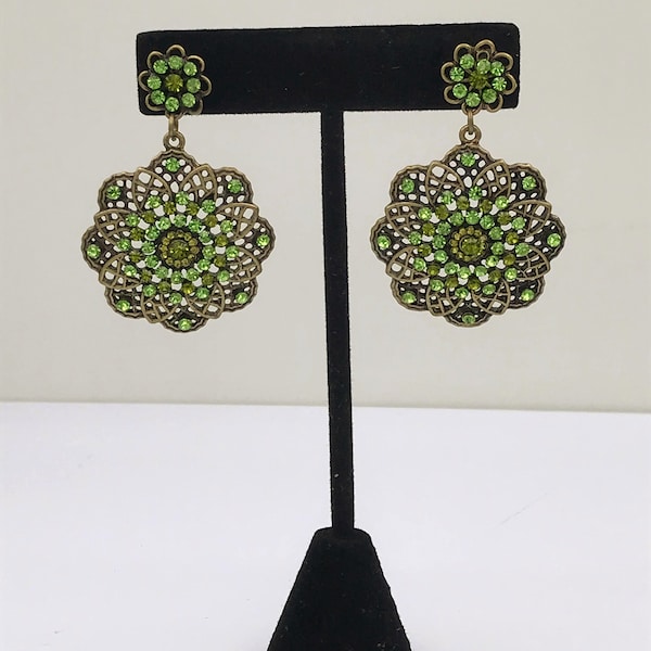 VIBRANT Green color stones bezel set in a bronze metal post earrings . length 1 7/8 inch  width 2 1/4 inch . VINTAGE