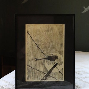 Bird on Barbed Wire Linocut/Woodblock Print image 1