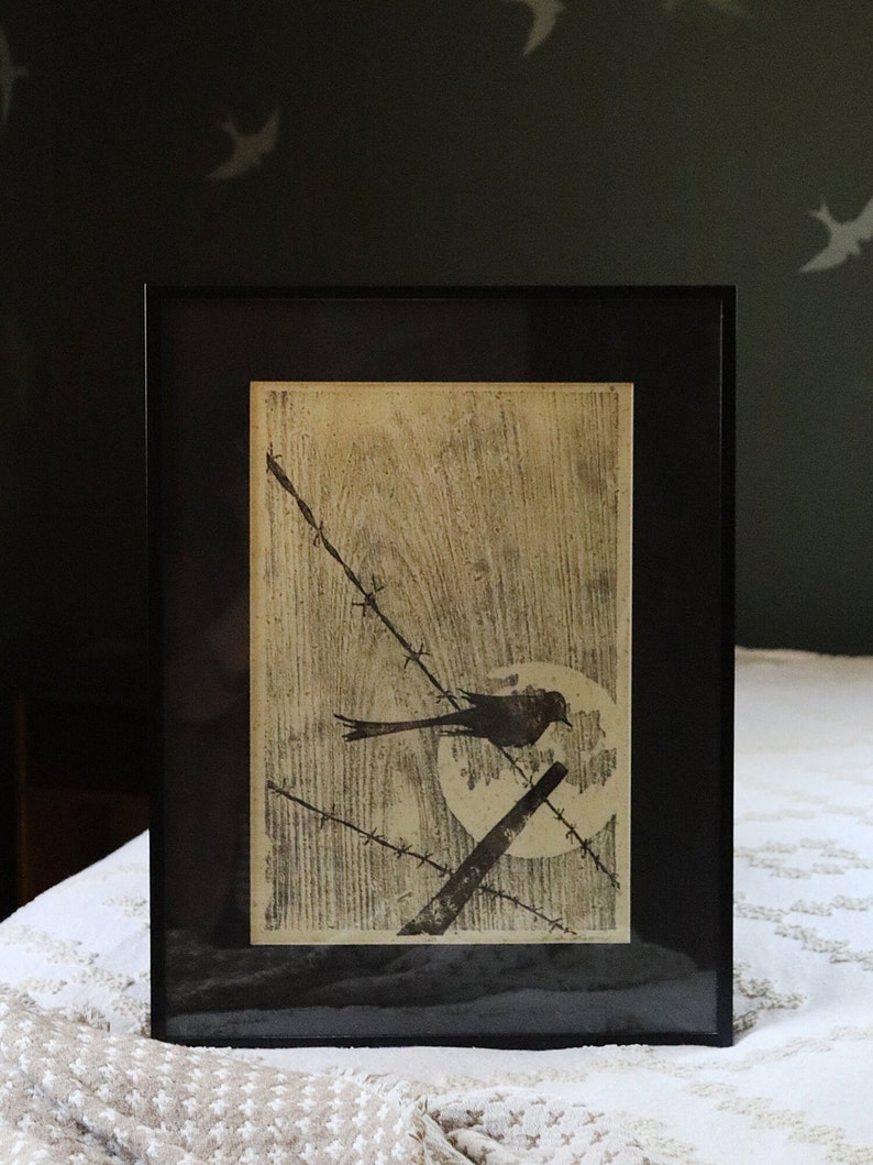 Bird on Barbed Wire Linocut/Woodblock Print image 1