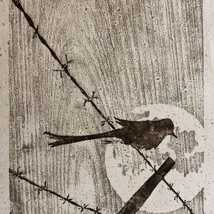 Bird on Barbed Wire Linocut/Woodblock Print image 2