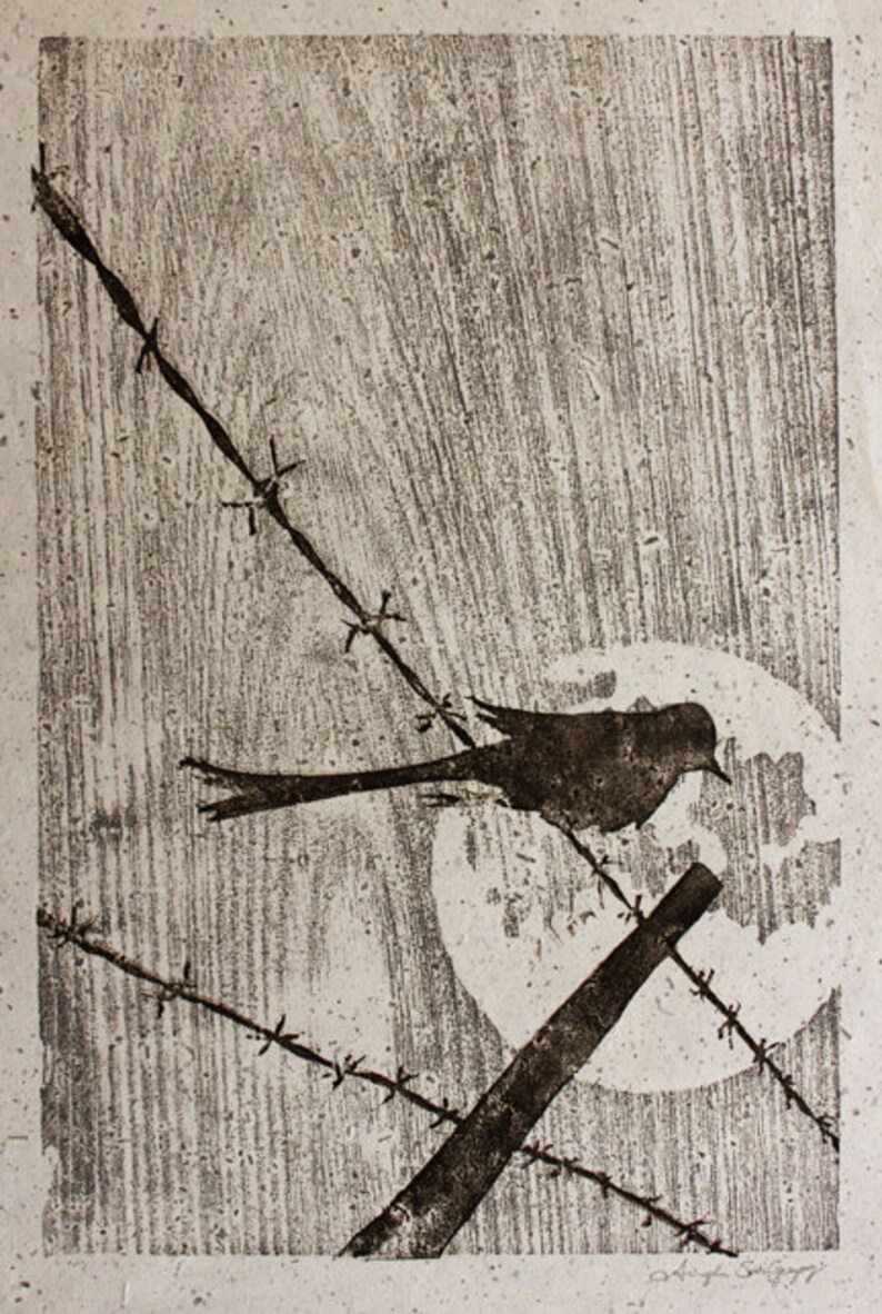 Bird on Barbed Wire Linocut/Woodblock Print image 2