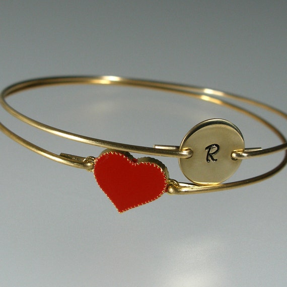Items similar to Red Heart Gold Bangle Bracelet, Personalized Bangle