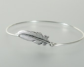 Silver Feather Bangle Bracelet, Silver Bangle Bracelet, Silver Feather Bracelet, Silver Bracelet, Bridesmaid Jewelry, Stack Bangle (147S,)