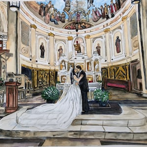 Wedding day custom painting 8x10 watercolor portrait, Anniversary, personalized gift, handpainted church, garden beach, Christmas, honeymoon